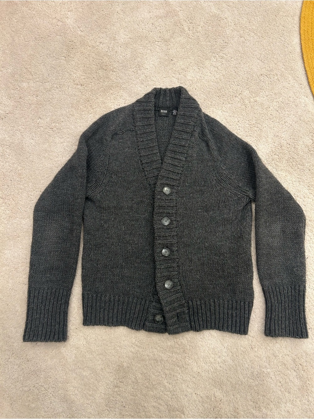 Vintage Hugo Boss Alpaca Wool Dark Charcoal Shawl-Collar Button Cardigan